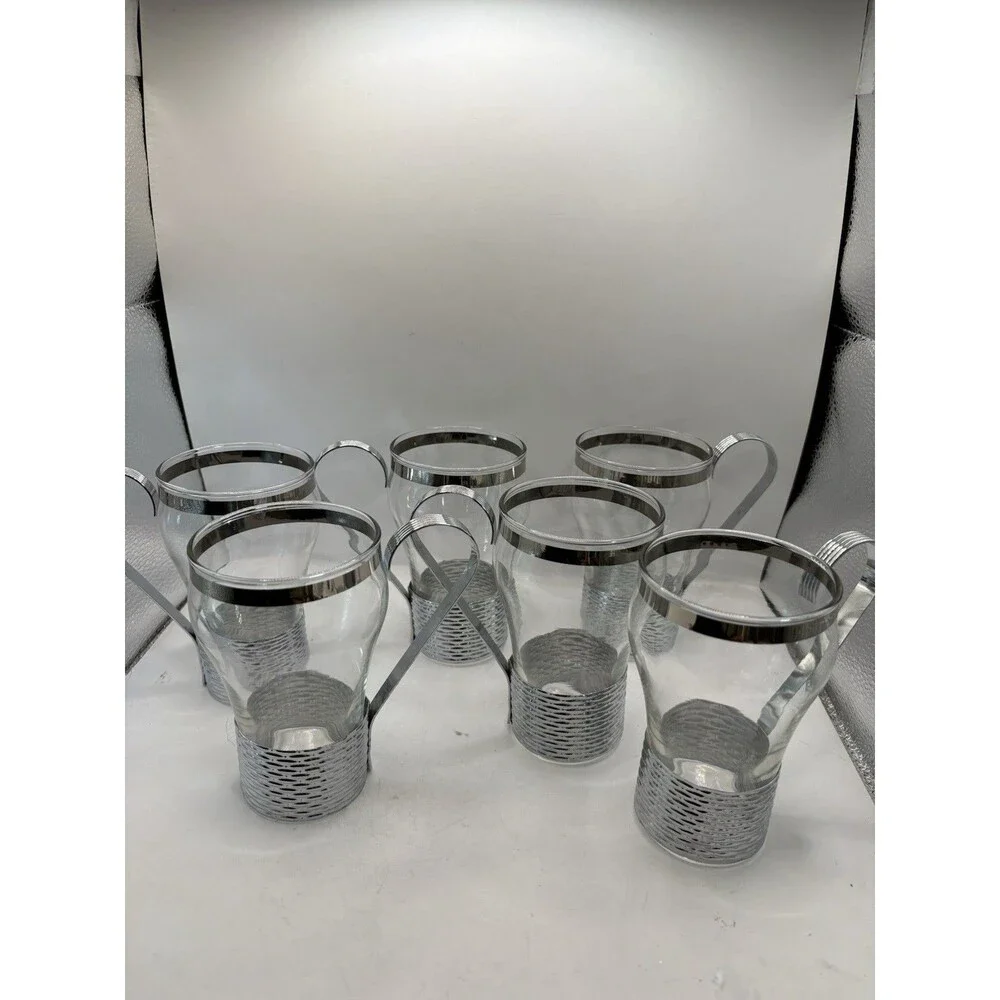 Vintage Mid Century Federal Glass Soda Fountain Glasses Metal Holders And Handle